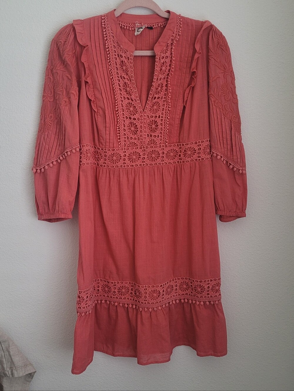Anthropologie Akemi + Kin Coral Pink Eyelet Lace Boho Mini Dress S Cottagecore